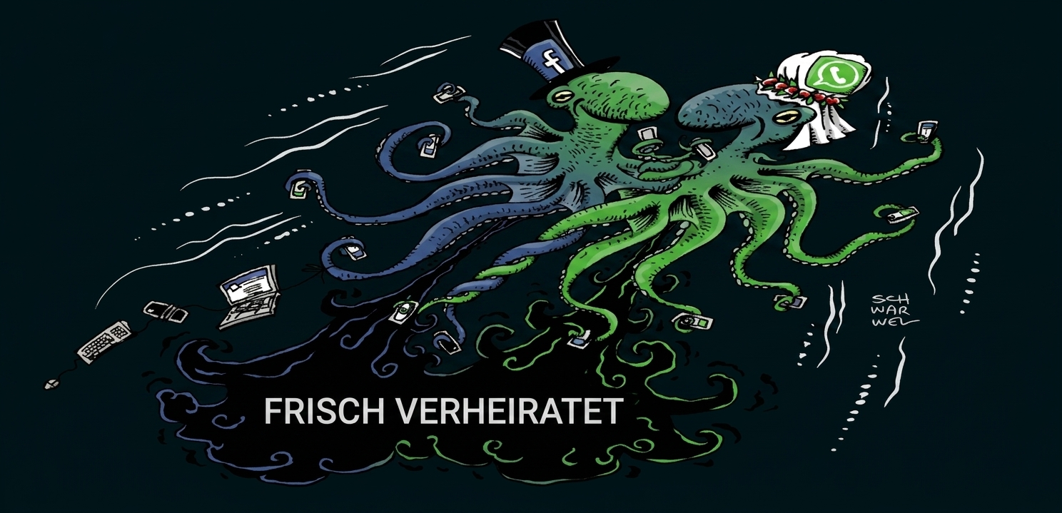 Cartoon: Zwei Tintenfische als Facebook und WhatsApp, vereint, viele Tentakel mit Smartphones, Schriftzug "Frisch verheiratet"